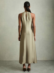Women Satin Drape Tuck Midi Dress in Khaki