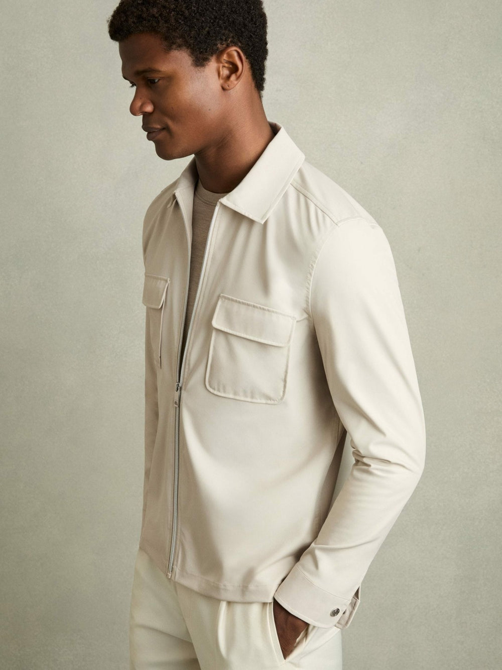 Men Technical Zip-Through Overshirt in Stone