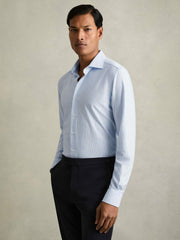Men Cotton-Blend Cutaway-Collar Striped Shirt in Blue Stripe