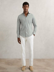 Men Cotton-Blend Jersey Cutaway-Collar Shirt in Grey Melange