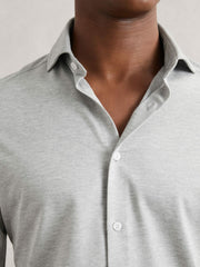 Men Cotton-Blend Jersey Cutaway-Collar Shirt in Grey Melange