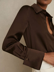 Women Silk Double-Cuff Button-Through Shirt in Chocolate