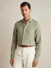 Men Linen Button-Through Shirt in Thyme Green