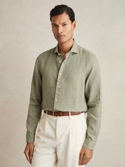 Men Linen Button-Through Shirt in Thyme Green