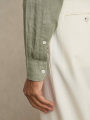 Men Linen Button-Through Shirt in Thyme Green