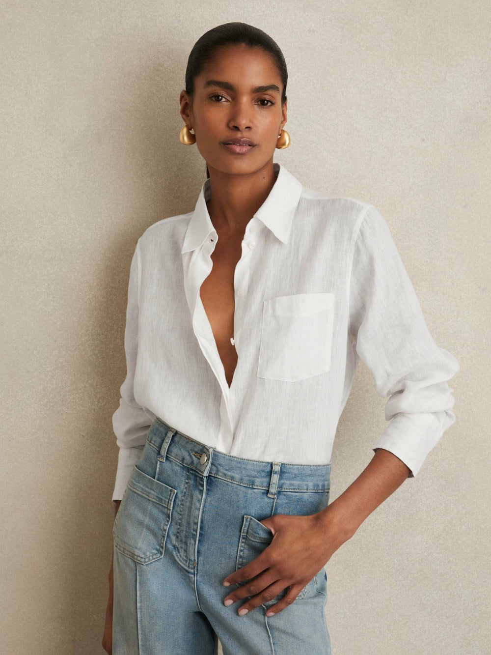 Women Linen Button-Through Shirt in White