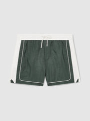 Men Colour-Block Piped-Trim Swim Shorts in Dark Green/White