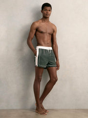 Men Colour-Block Piped-Trim Swim Shorts in Dark Green/White
