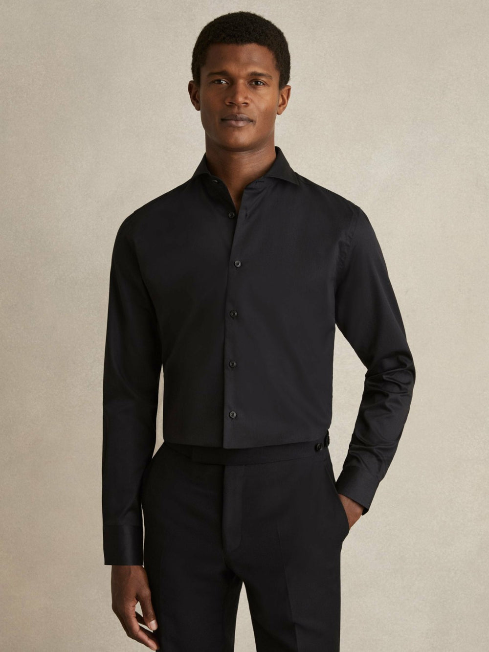 Men Regular Fit Cotton-Twill Two-Fold Shirt Slim-Fit in Black