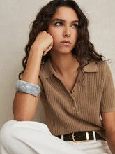 Women Cotton-Blend Open-Knit Polo Shirt in Tan