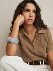 Women Cotton-Blend Open-Knit Polo Shirt in Tan