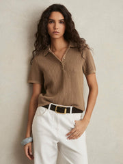 Women Cotton-Blend Open-Knit Polo Shirt in Tan