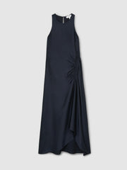 Women Satin Shirred Midi Dress in Navy