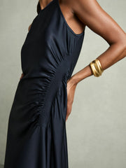 Women Satin Shirred Midi Dress in Navy
