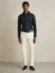 Men Cotton-Jersey Button-Through Shirt in Navy