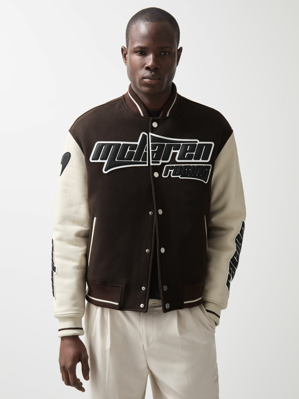 Men McLaren F1 Team Bomber Jacket in Brown/Ivory/White