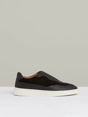 Men Leather Elasticated-Lace Trainers in Espresso Brown