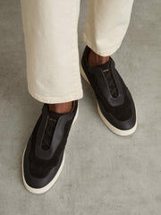Men Leather Elasticated-Lace Trainers in Espresso Brown