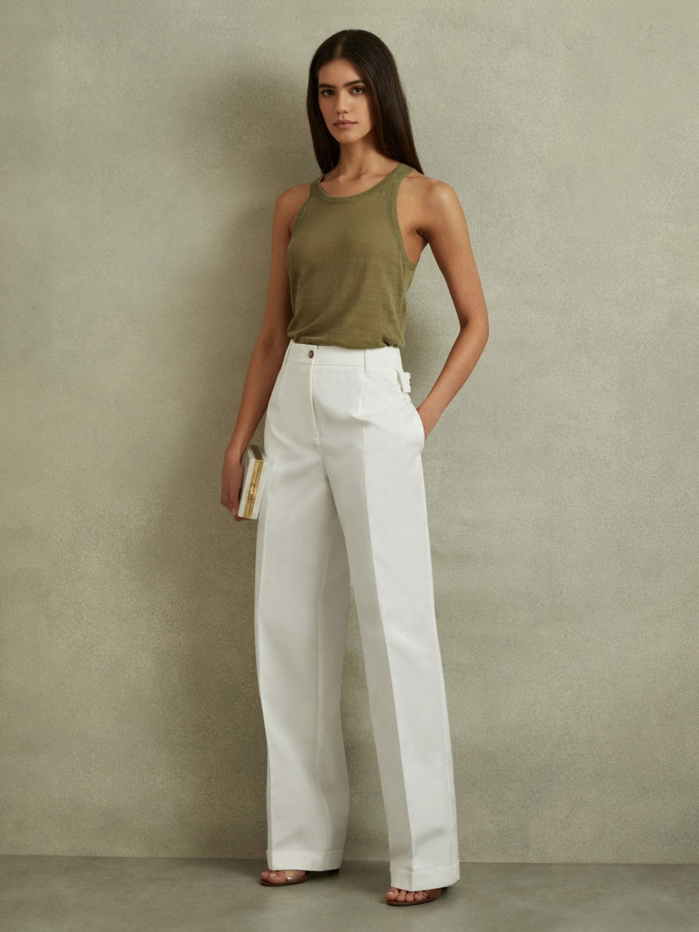 Women Cotton Wide Leg Suit Trousers in White