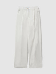 Women Cotton Wide Leg Suit Trousers in White