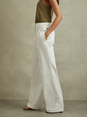Women Cotton Wide Leg Suit Trousers in White
