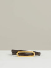 Women Thin Leather Elongated Buckle Belt in Chocolate