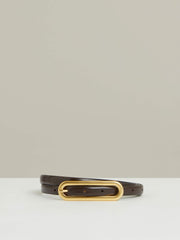 Women Thin Leather Elongated Buckle Belt in Chocolate