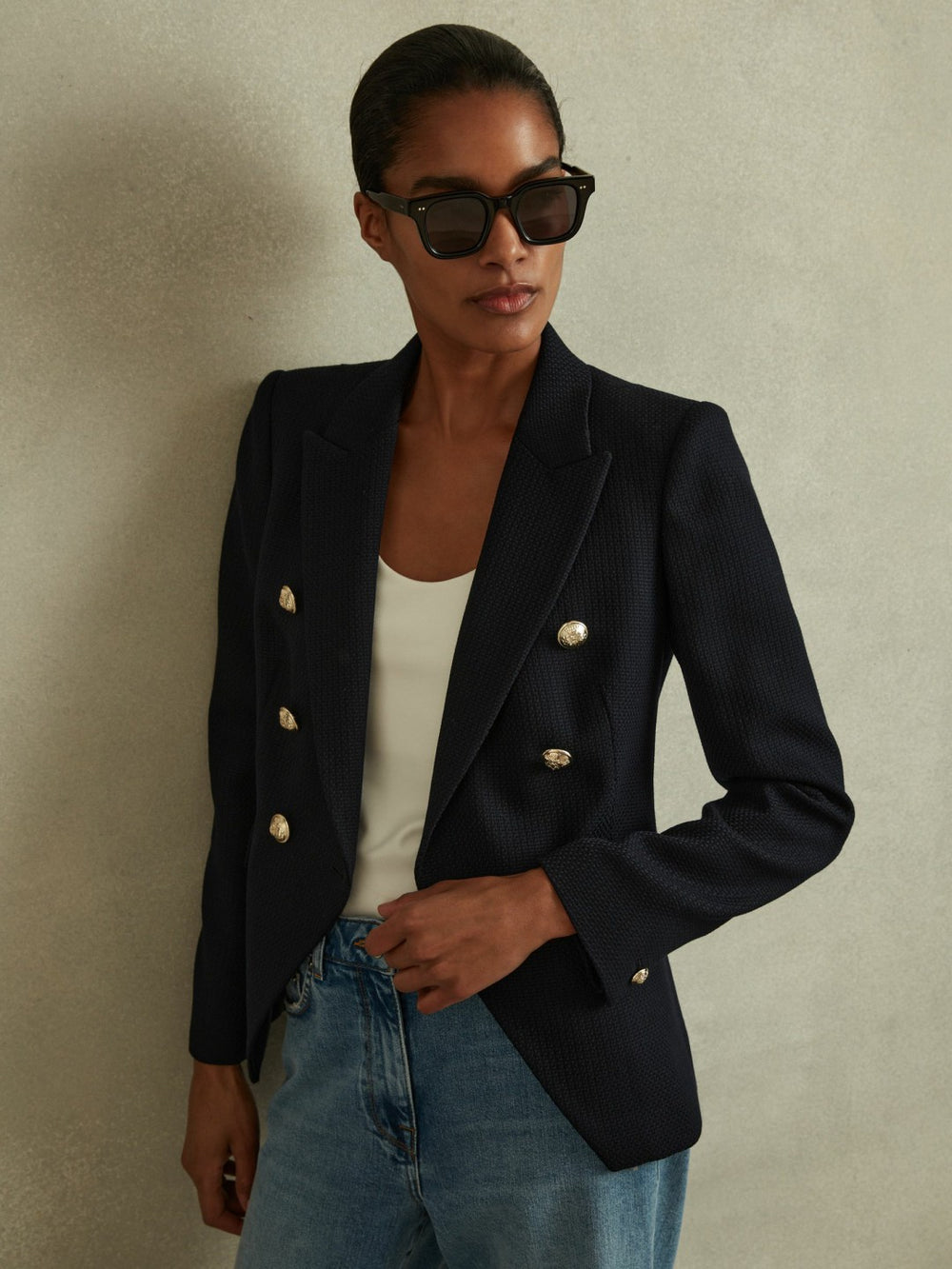 Women Petite Tailored Fit Textured Double Breasted Blazer in Navy