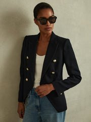 Women Petite Tailored Fit Textured Double Breasted Blazer in Navy