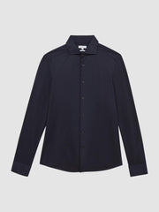 Men Cotton-Blend Jersey Cutaway-Collar Shirt in Navy