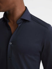 Men Cotton-Blend Jersey Cutaway-Collar Shirt in Navy