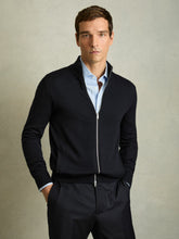 Men Merino Wool Zip-Through Cardigan in Navy