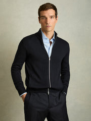 Men Merino Wool Zip-Through Cardigan in Navy