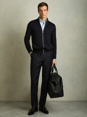 Men Merino Wool Zip-Through Cardigan in Navy