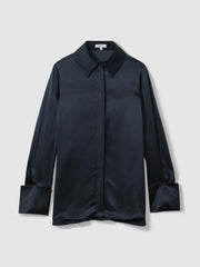 Women Silk Double-Cuff Button-Through Shirt in Navy