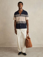 Men Stripe Textured-Knit Cuban-Collar Shirt in Navy/Stone