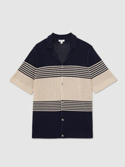 Men Stripe Textured-Knit Cuban-Collar Shirt in Navy/Stone