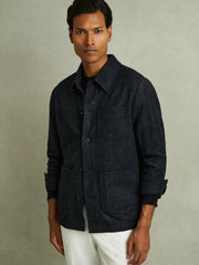 Men Checked Button Through Worker Jacket in Navy Melange