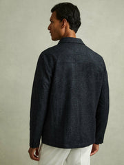 Men Checked Button Through Worker Jacket in Navy Melange
