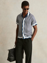 Men Geometric-Print Cuban-Collar Shirt in White/Navy