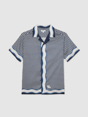 Men Geometric-Print Cuban-Collar Shirt in White/Navy