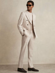 Men Double-Breasted Check Suit Blazer Regular-Fit in Stone