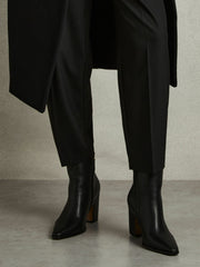 Women Leather Blocked Heel Ankle Boots in Black