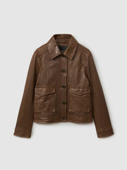 Women Leather Trucker Jacket in Chocolate