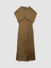 Women Satin Short-Sleeve Midi Dress in Khaki