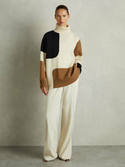 Women Wool-Cashmere Colourblock-Intarsia Jumper in Cream/Brown