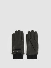 Men Leather Ribbed-Cuff Gloves in Black