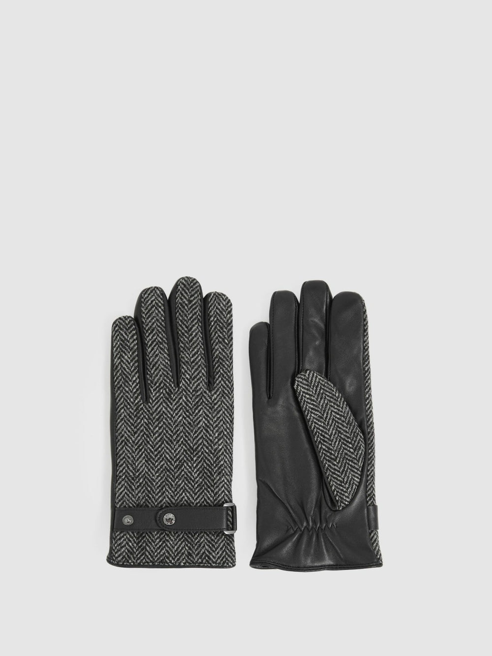 Men Leather And Wool-Blend Herringbone Gloves in Black