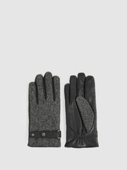 Men Leather And Wool-Blend Herringbone Gloves in Black