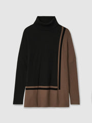 Women Colourblock Roll Neck Split Hem Jumper in Black/Mink